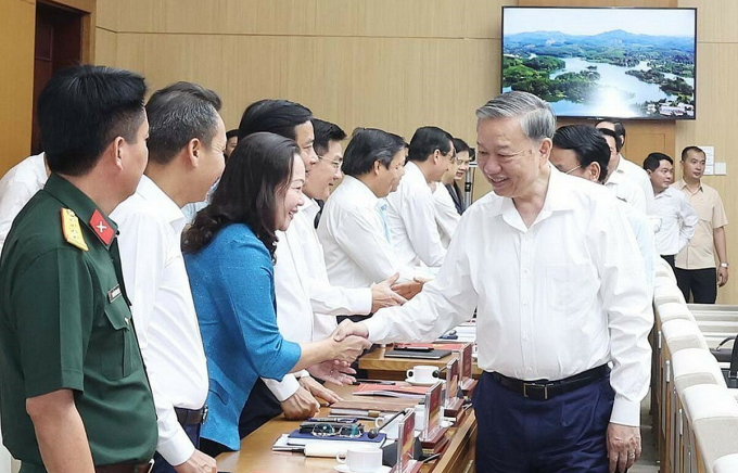 Tổng Bí thư Tô Lâm làm việc với Ban Thường vụ Tỉnh ủy Phú Thọ, Vĩnh Phúc, Hòa Bình, sáng 10/6. Ảnh: TTXVN