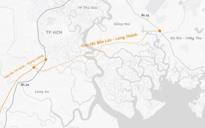 Hướng tuyến cao tốc Bến Lức - Long Thành. Đồ họa: Khánh Hoàng