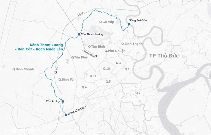 Hướng tuyến kênh Tham Lương - Bến Cát - rạch Nước Lên. Đồ hoạ: Khánh Hoàng