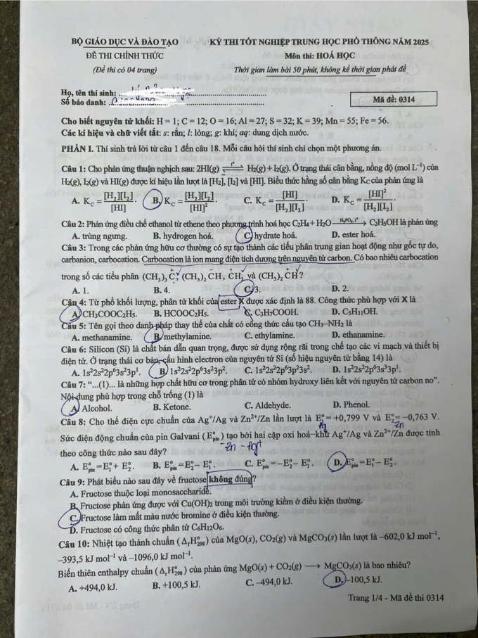 Đề và đáp án môn Hóa thi tốt nghiệp THPT 2025