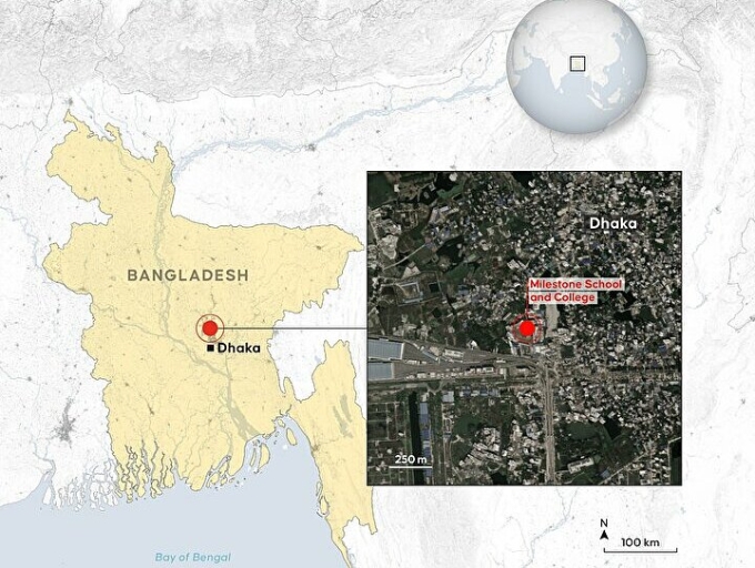 Vị trí máy bay rơi ở Dhaka. Ảnh: Anadolu Agency