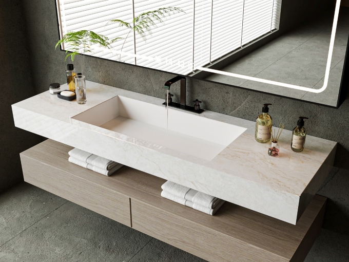 Không gian phòng tắm sáng hơn với vật liệu đá thạch anh nhân tạo. Ảnh: Caslaquartz