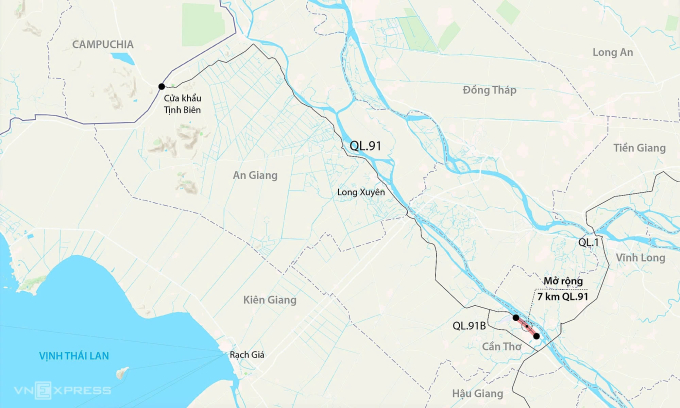 Hướng tuyến quốc lộ 91 dài hơn 140 km và đoạn qua Cần Thơ được mở rộng. Đồ họa: Đăng Hiếu