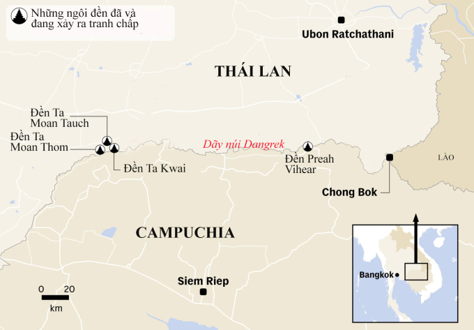 Vị trí dãy núi Dangrek và các ngôi trên tranh chấp giữa Campuchia và Thái Lan. Đồ họa: CNA