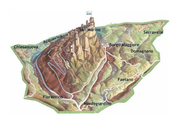 Mô hình 3D quốc gia San Marino với 9 quận hành chính, trong đó thủ phủ San Marino nằm trên đỉnh một ngọn núi. Ảnh: Mapsland