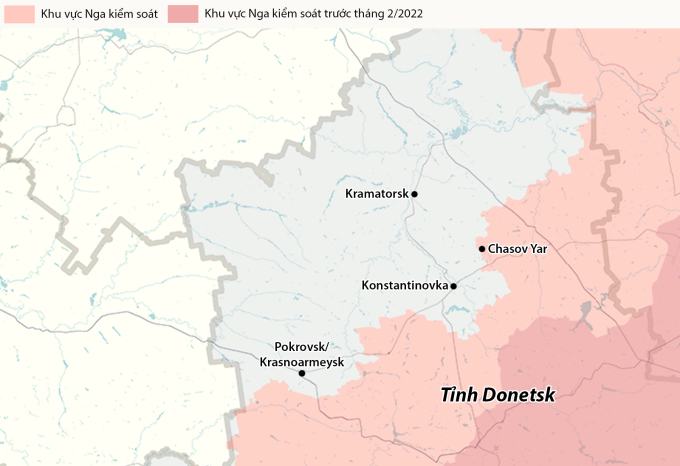 Vị trí một số đô thị tại tỉnh Donetsk. Đồ họa: RYV