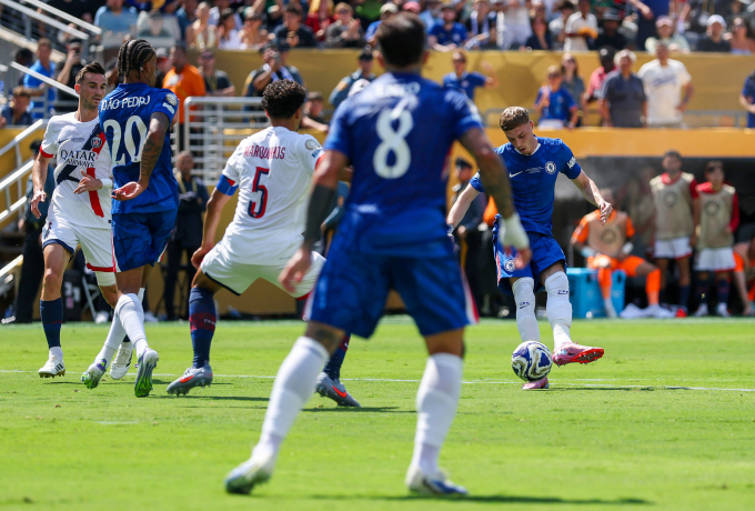 Cole Palmer dứt điểm, mở tỷ số trận Chelsea thắng PSG 3-0 ở chung kết FIFA Club World Cup 2025 trên sân MetLife, New Jersey, Mỹ ngày 13/7. Ảnh: AFP