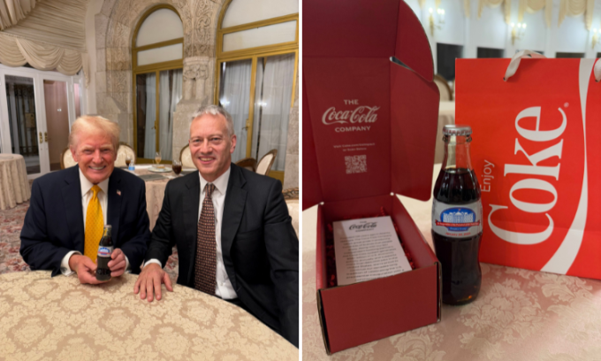 CEO Coca-Cola James Quincey tặng ông Trump một chai Diet Coke bản đặc biệt hồi tháng 1. Ảnh: X/Margo Martin