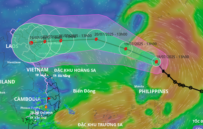 Dự báo hướng đi và vùng ảnh hưởng bão Wipha lúc 13h ngày 18/7. Ảnh: Hệ thống giám sát thiên tai