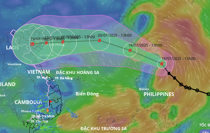 Dự báo hướng đi và vùng ảnh hưởng bão Wipha lúc 13h ngày 18/7. Ảnh: Hệ thống giám sát thiên tai