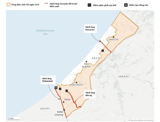 Vị trí các điểm phân phối của GHF ở Gaza. Đồ họa: NPR
