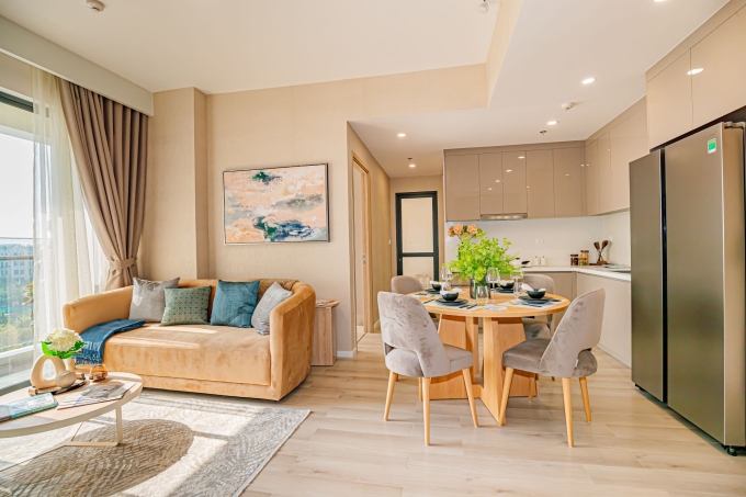 Các căn hộ ưu tiên ánh sáng tự nhiên, gió đối lưu, sử dụng vật liệu thân thiện môi trường và bảng màu trung tính như beige, xám nhạt, mang đến cảm giác nhẹ nhàng. Ảnh: Masterise Homes