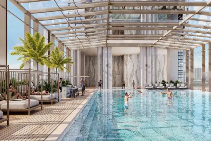 Phối cảnh 3D bể bơi nằm trong khối tiện ích cao cấp giữa các tòa tháp. Ảnh: Sun Group