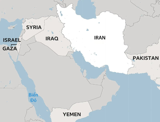 Vị trí Iran, Israel và Dải Gaza. Đồ họa: BBC