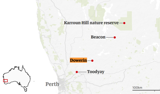 Vị trí Perth, Beacon và khu bảo tồn thiên nhiên Karroun Hill. Đồ họa: Guardian