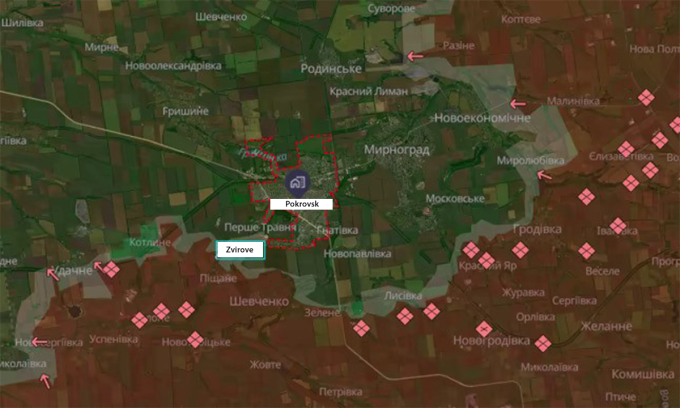 Khu vực Nga kiểm soát (đỏ) và khu vực Ukraine kiểm soát (xanh) quanh thành phố Pokrovsk. Đồ họa: DeepState