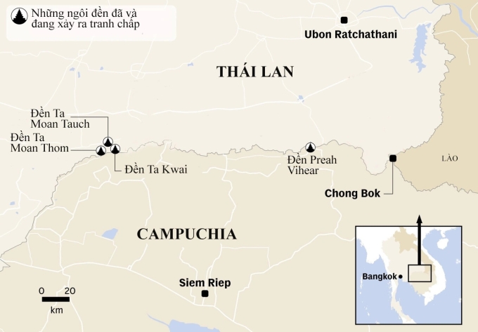Vị trí các đền tranh chấp giữa Campuchia và Thái Lan. Đồ họa: CNA