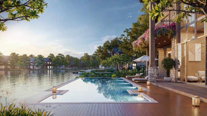 Phối cảnh hồ bơi mặt sau của một căn biệt thự, nằm ven dòng chảy. Ảnh: Ecopark