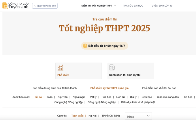 Giao diện trang tra cứu điểm thi của VnExpress.