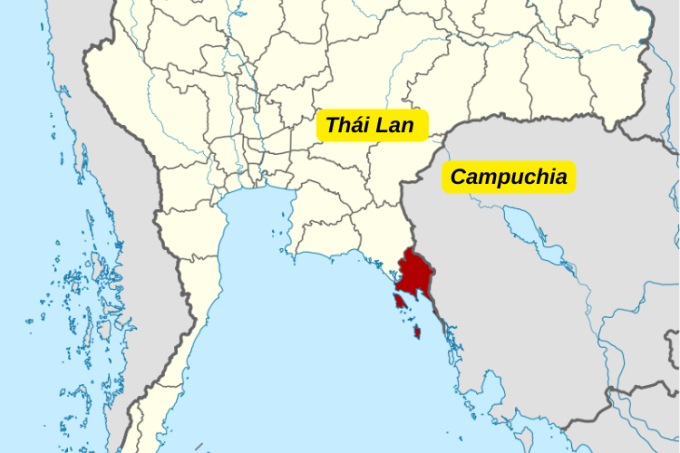 Vị trí tỉnh Trat của Thái Lan (đỏ) giáp biên giới tỉnh Pursat của Campuchia. Đồ họa: Wikipedia