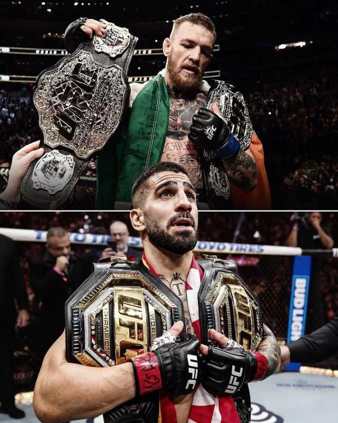 McGregor (trên) và Topuria ăn mừng bằng cách khoác trên vai hai đai vô địch hạng nhẹ và hạng lông.