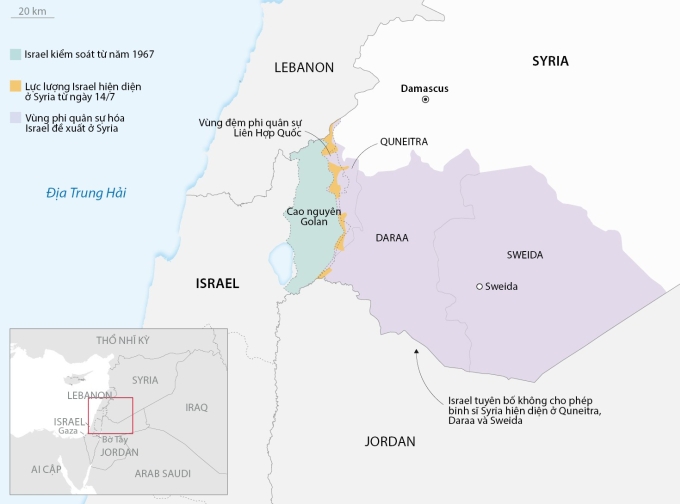 Vị trí tỉnh Sweida và thành phố thủ phủ cùng tên ở miền nam Syria, giáp Cao nguyên Golan và Jordan. Đồ họa: CNN