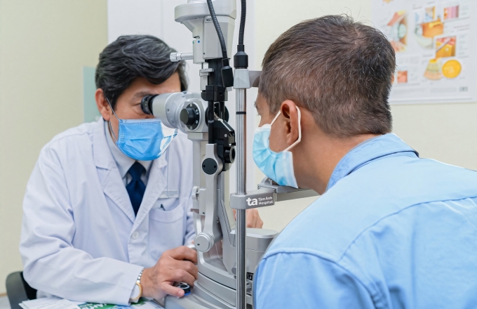 Bác sĩ Nghĩa kiểm tra mắt cho ông Hoàng. Ảnh: Bệnh viện Đa khoa Tâm Anh