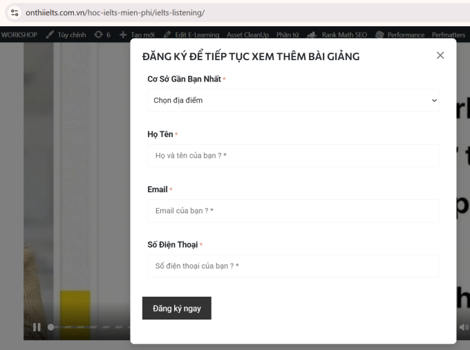 Form đăng ký khóa học IELTS miễn phí tại website. Ảnh: The IELTS Workshop
