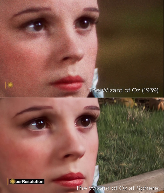 So với bản gốc, phông nền được thêm đám cỏ, da mặt của nữ chính Dorothy (do Judy Garland đóng) sắc nét hơn. Ảnh: CBS