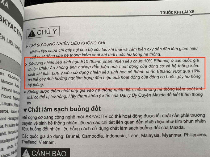 Khuyến cáo về việc sử dụng xăng E10 của một mẫu xe Nhật trong sách hướng dẫn sử dụng. Ảnh: Hồ Tân