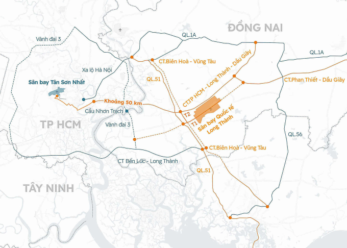 Khoảng cách giữa sân bay Tân Sơn Nhất và Long Thành cùng các tuyến kết nối. Đồ họa: Khánh Hoàng