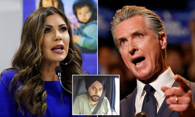 Bộ trưởng An ninh Nội địa Mỹ Kristi Noem (trái) và Thống đốc California Gavin Newsom. Ảnh: Reuters