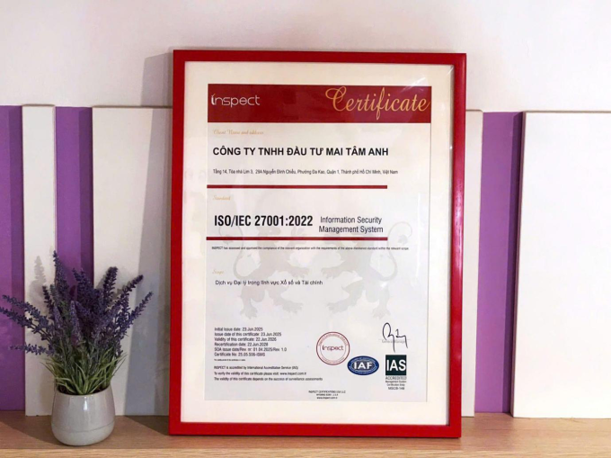 Chứng nhận ISO/IEC 27001:2022. Ảnh: Tổng đại lý Mai Tâm Anh