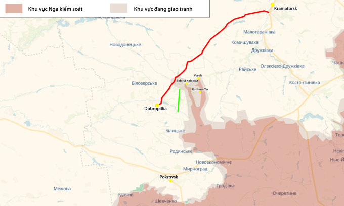 Vị trí Pokrovsk, đường cao tốc Dobropillia–Kramatorsk (màu đỏ) và vị trì phòng thủ của Quân đoàn Azov (màu xanh). Đồ họa: DeepState