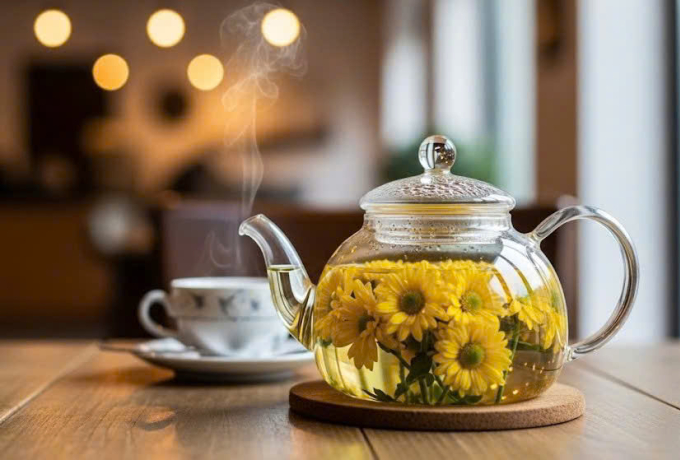 Uống trà hoa cúc ấm hỗ trợ ngủ ngon, hữu ích khi đau đầu. Ảnh được tạo bởi AI