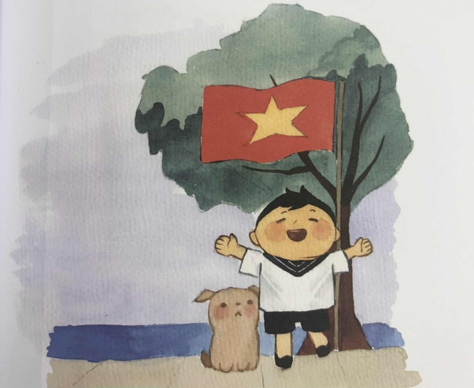 Tranh minh họa thơ của họa sĩ nhí Mai Khuê, con gái tác giả với bảng màu rực rỡ, nét vẽ có phần trưởng thành hơn các tác phẩm trước. Mai Khuê cũng là họa sĩ minh họa cho nhiều tập thơ của mẹ. Ảnh: Sách Bốn mùa cờ bay