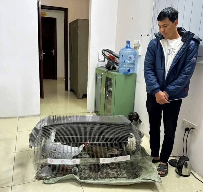 Thái Khắc Thành bên chuồng sắt nhốt gà lôi trắng, thời điểm bị bắt. Ảnh: C.An