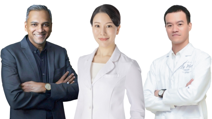 Từ trái sang: các bác sĩ Rasool Shaik Mohamed, Nishikawa Ayaka, Vũ Ngọc Quý. Ảnh: Dermamed