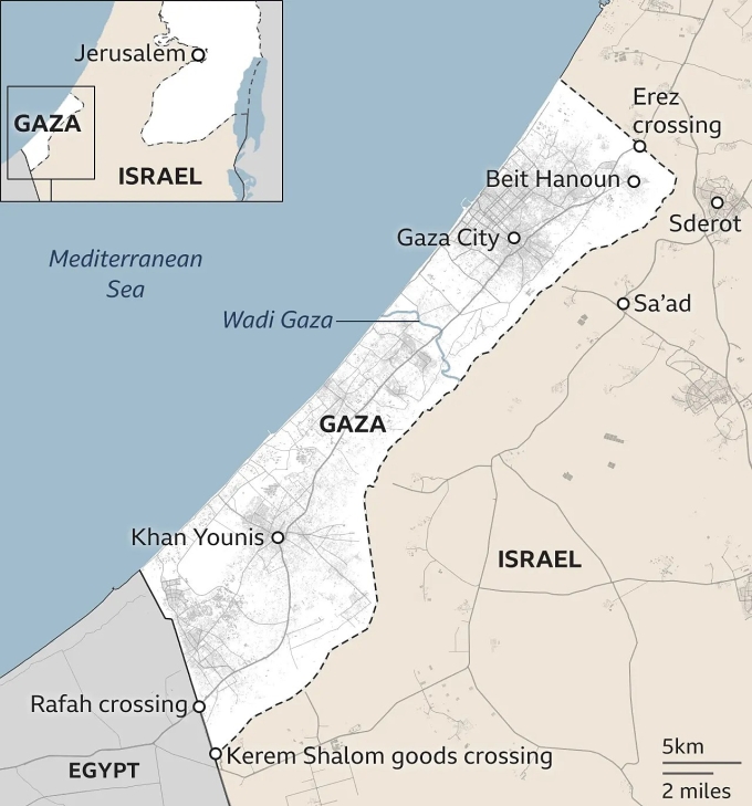 Vị trí các đô thị ở Dải Gaza. Đồ họa: BBC