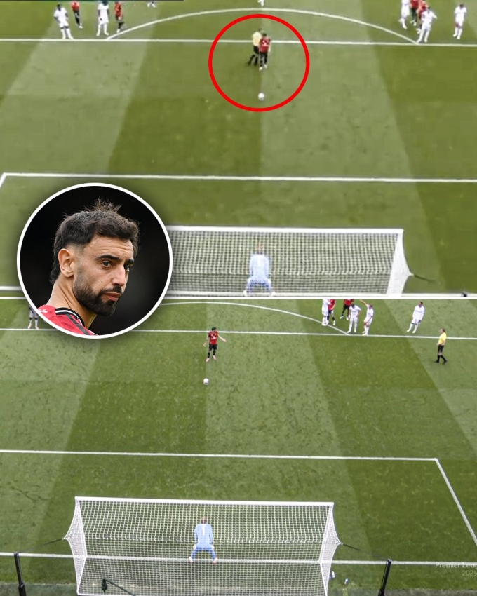 Tình huống Fernandes va trúng trọng tài khi lấy đà, trước khi sút hỏng phạt đền của Man Utd trước Fulham trên sân Craven Cottage, thành phố London, Vương quốc Anh, vòng hai Ngoại hạng Anh ngày 24/8/2025. Ảnh: ESPN
