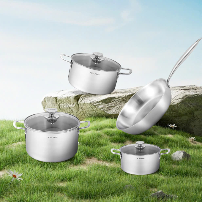 Bộ nồi nguyên khối inox 304 của Kalite mang đến sự hoàn hảo trong nấu nướng với thiết kế sang trọng. Ảnh: Kalite