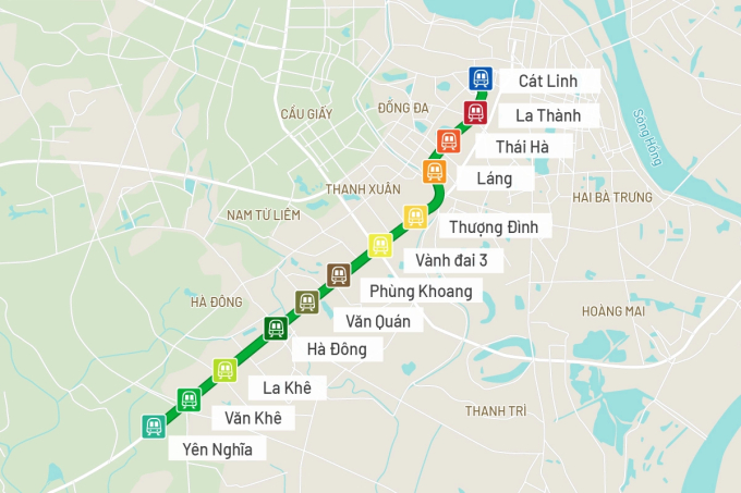 Các ga trên tuyến Cát Linh - Hà Đông. Đồ họa: Tạ Lư