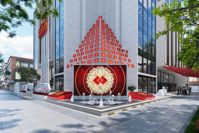 Trụ sở Techcombank tại số 6 phố Quang Trung rực rỡ cờ đỏ sao vàng, hòa cùng niềm vui của đất nước. Ảnh: Techcombank