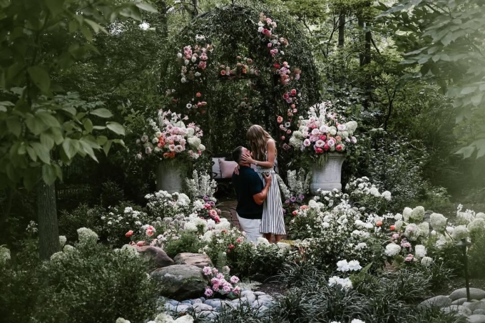 Travis Kelce chọn khu vườn nhiều hoa lãng mạn, tạo không gian cổ tích để cầu hôn Taylor Swift. Ảnh: Instagram Taylor Swift