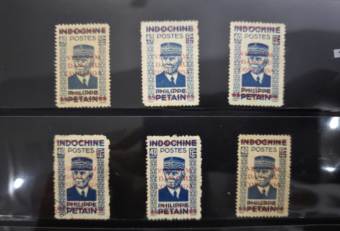 Tem Đông Dương in hình Petain được in đè chữ VIET NAM DAN CHU CONG HOA để dùng sau 2/9/2945. Ảnh: Lê Tân