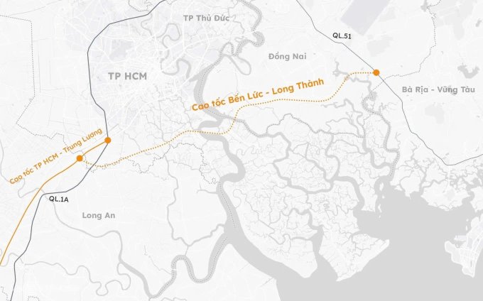 Hướng tuyến cao tốc Bến Lức - Long Thành. Đồ họa: Khánh Hoàng