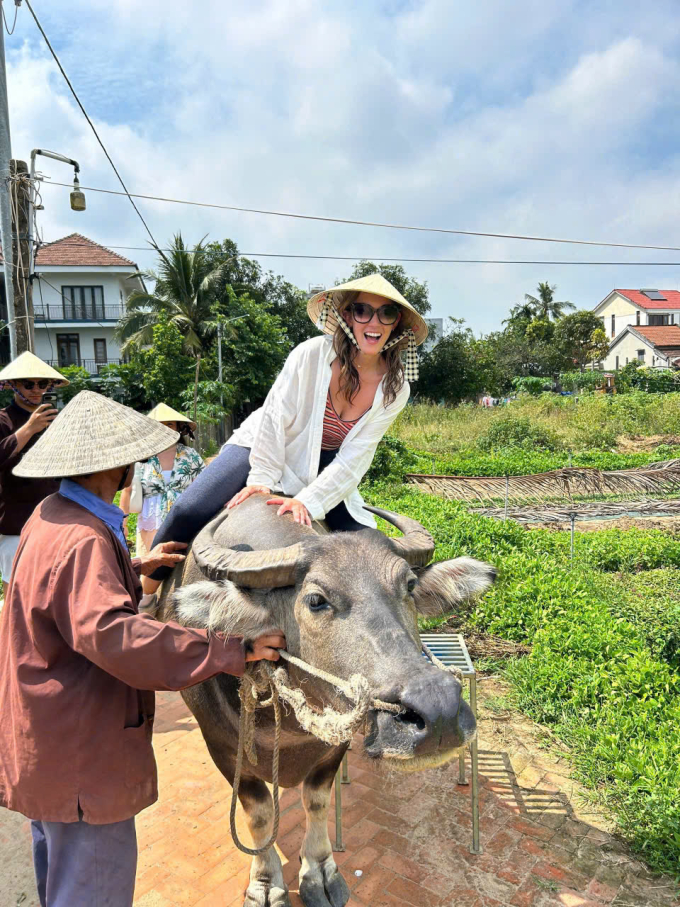 Khách quốc tế trải nghiệm cưỡi trâu ở làng rau Trà Quế, Đà Nẵng. Ảnh: Vietluxtour