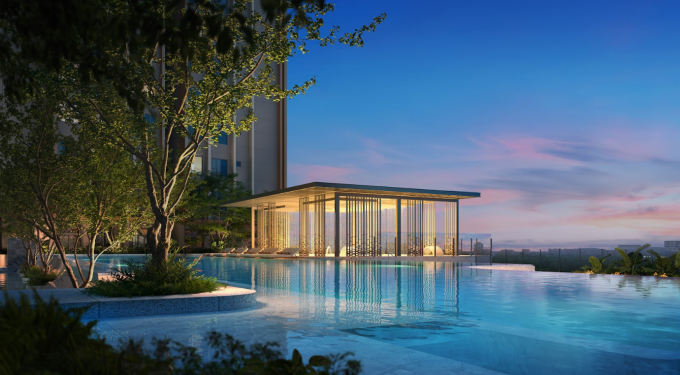 Mảng xanh và mặt nước hài hòa tạo nên dòng chảy xuyên suốt trong hệ tiện ích tại Orchard Grand. Ảnh: CapitaLand Development Vietnam
