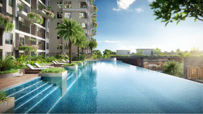 Hồ bơi điện phân muối tại tầng của căn Garden Villa. Ảnh: Ecopark