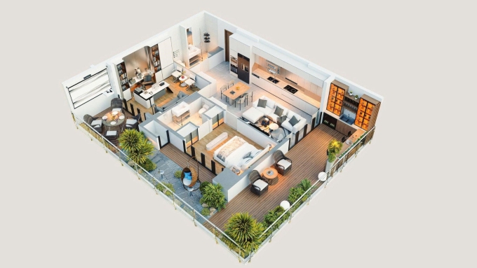 Phối cảnh căn hộ hai phòng ngủ, có sân vườn 48 m2 tại dự án. Ảnh: Thang Long Real Group